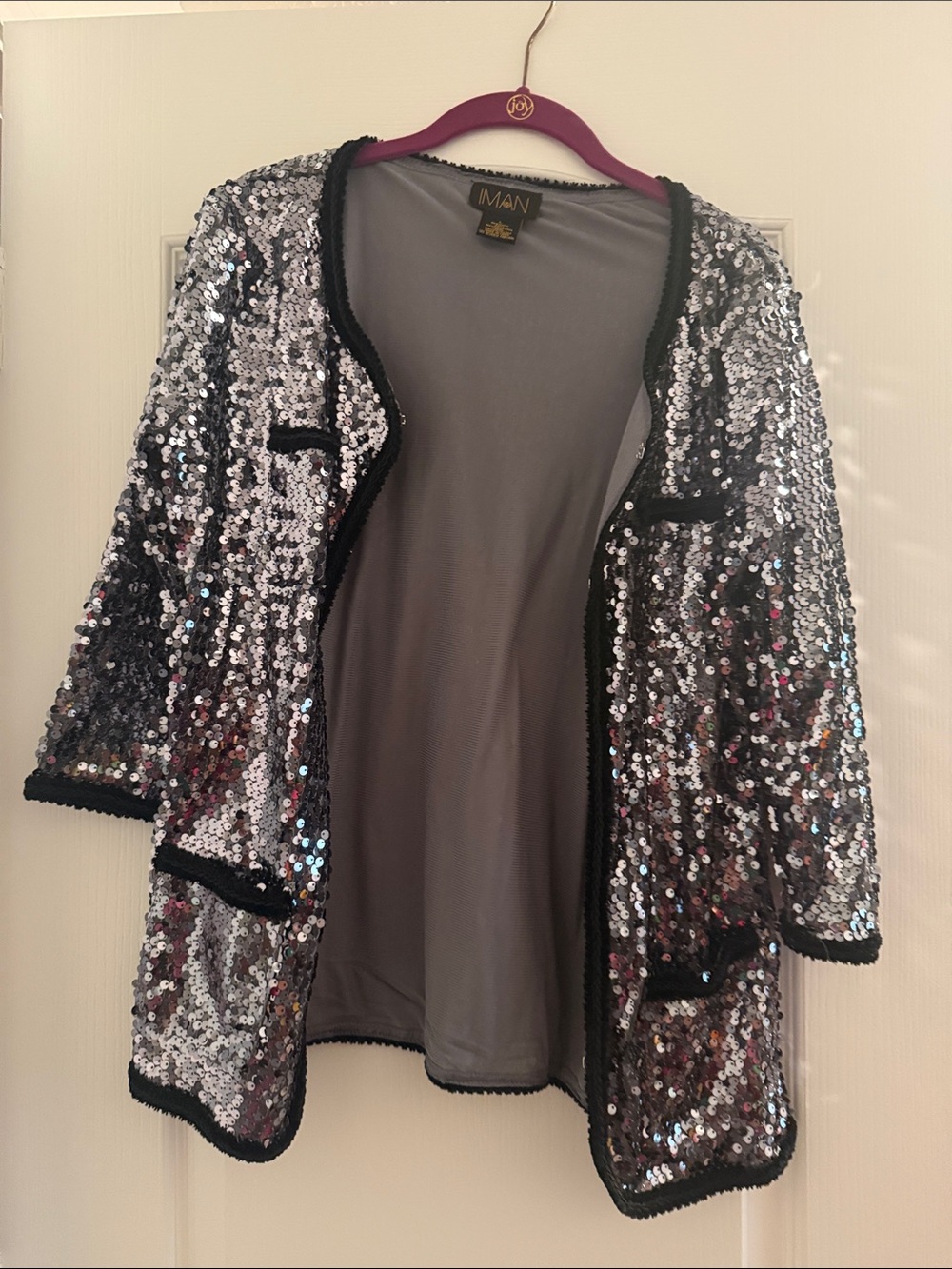 IMAN Silver Sequin Open Cardigan with Black Trim